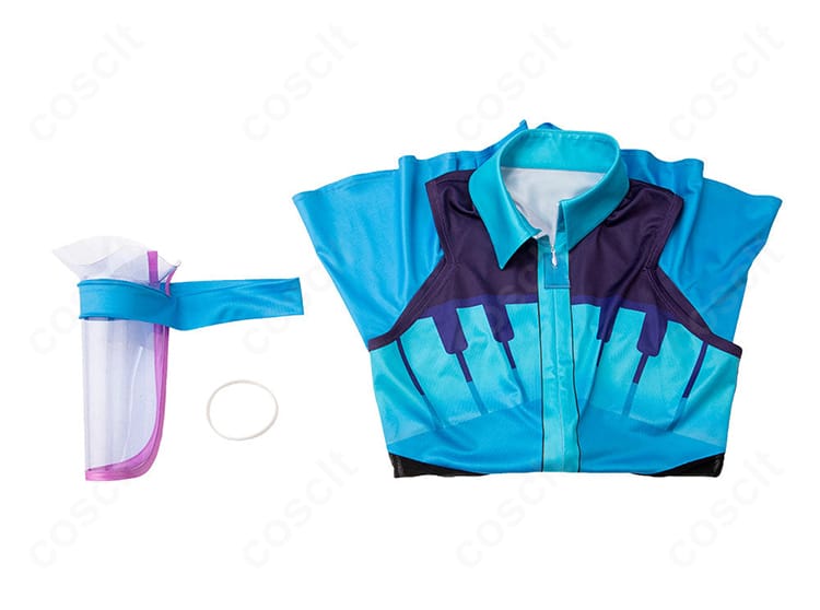 アシレーヌ コラボビジュアル衣装のセット内容一式。レオタード、髪飾り、手首飾りの構成を俯瞰。