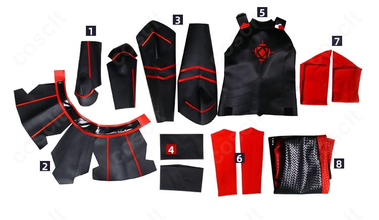 メイプルコスプレ衣装のセット内容一式。トップス、スカート、手鎧、オーバースカート、足鎧、手袋、アームカバー、靴下が整然と並ぶ画像。