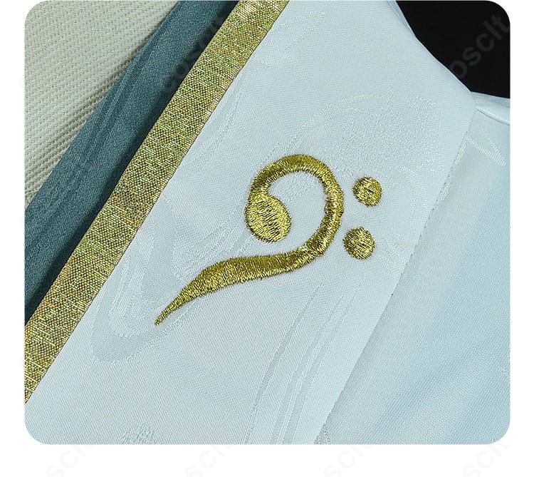 鏡音レン 陰陽師コラボ衣装の衣領ディテール。刺繍模様と縁取りの仕立てを強調。
