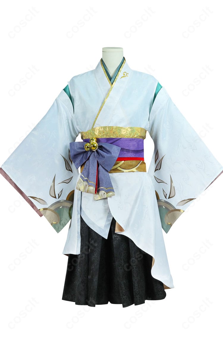 鏡音レン 陰陽師コラボ衣装の正面全体像。斜め襟と腰の飾りを含む和風意匠を高再現。イベントや撮影向けの造形です。