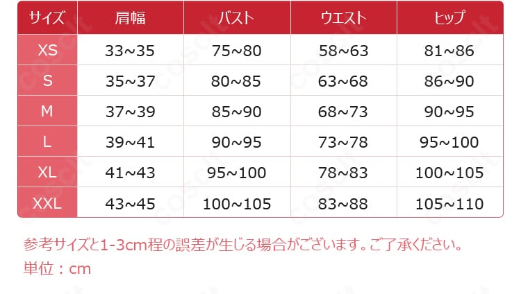 木之本桜 水族館 私服コスプレ衣装 サイズ表と各部位の寸法ガイド