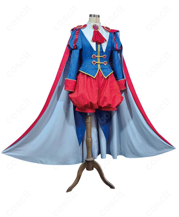 正面から見た木之本桜 眠れる森の美女 王子様コスプレ衣装。襟元と身頃の装飾、端正なシルエットが分かる。