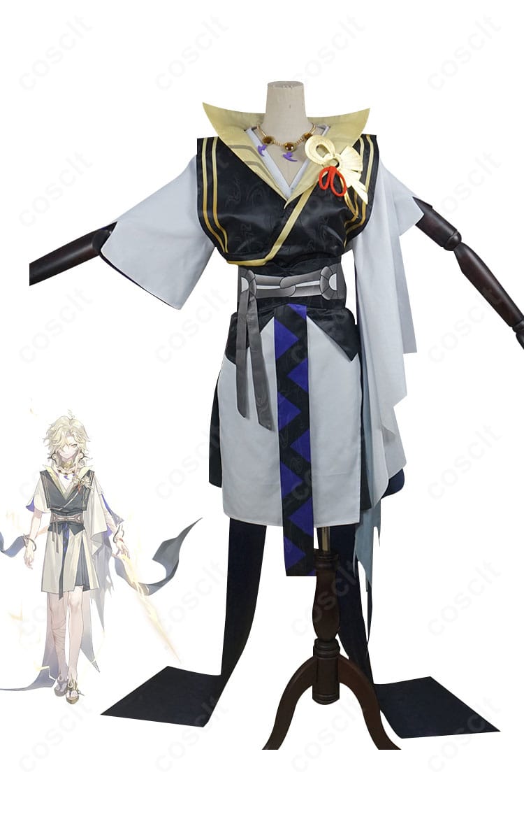 陰陽師本格幻想RPG 須佐之男 少年期のコスプレ衣装。正面全身とキャラクタービジュアルの比較で高再現ディテールを示す画像