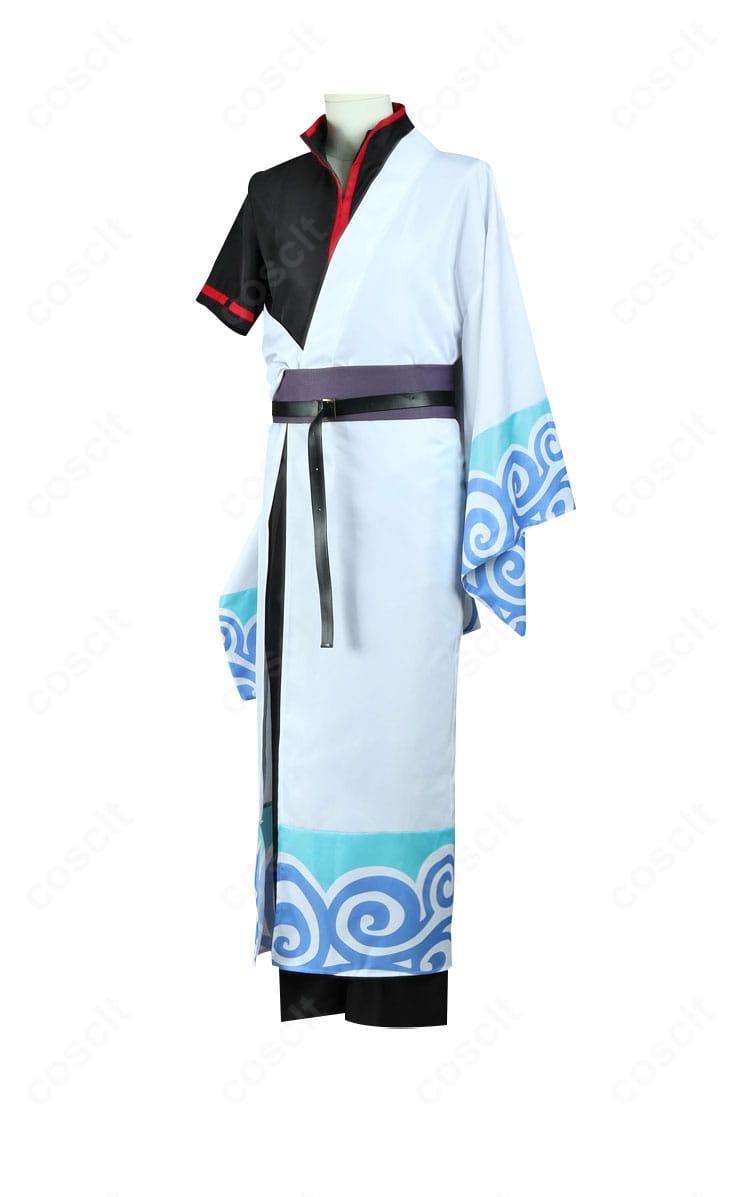 坂田銀時コスプレ衣装の側面シルエット。コルセットベルトの固定感と脚線をきれいに見せるラインを確認できます。