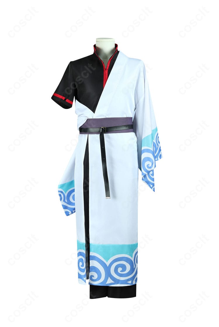 ランモバ×銀魂コラボ版の坂田銀時コスプレ衣装を正面から。黒上着と白い着物の配色、帯位置まで高再現の全体像。