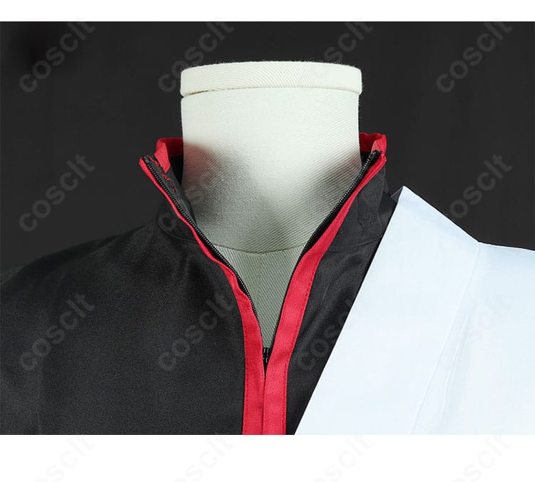 坂田銀時衣装の衣領ディテール。前合わせの角度やパイピング処理など、劇中イメージに忠実な仕立て。