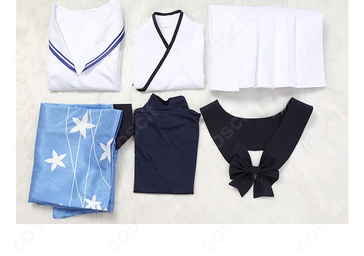 御稜ナグサ衣装のセット内容一式。コート、上着、トップス、インナー、スカート、リボンをわかりやすく配置。