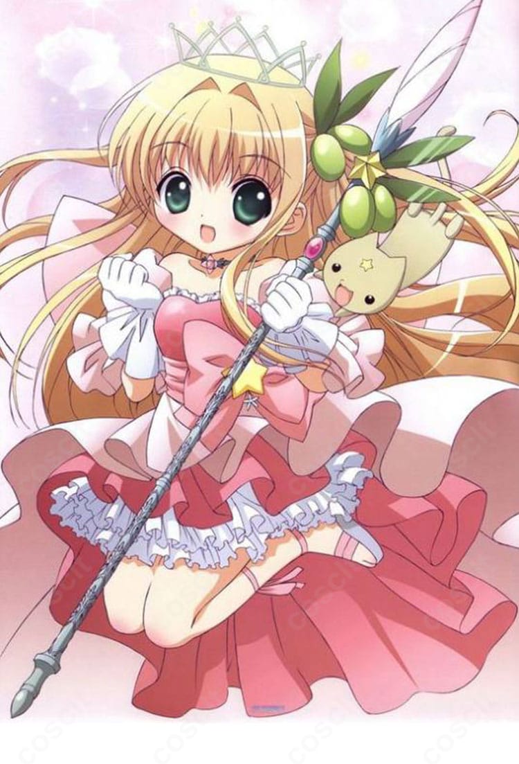 かみちゃまかりん 花園花鈴のコスプレ衣装一式を着用した全身画像。ワンピースと大きなリボン、小物まで揃ったフルコーデ。