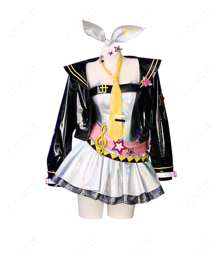 鏡音リン『Muse Dash』コラボVer. コスプレ衣装の正面画像。配色ライン、胸元ディテール、ウエストの切替がはっきり分かる高再現デザイン。