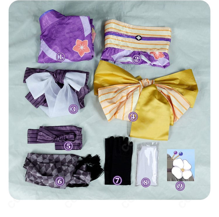 コスプレ衣装のセット一式のレイアウト写真。必要パーツが揃った内容。