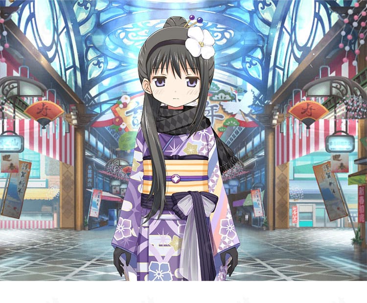 マギアレコード 暁美ほむら 晴着コスプレ衣装の全体像。上品配色と装飾を高再現した和装デザイン。