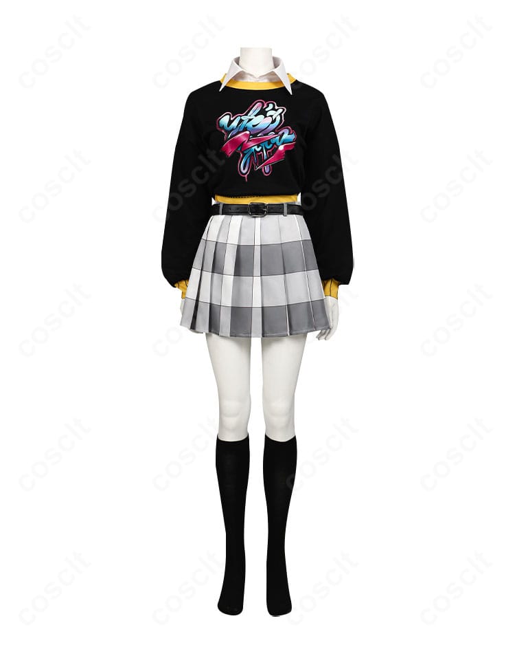 新井素羽コスプレ衣装の正面全体像。トップスとスカートのシルエットと配色が分かる画像