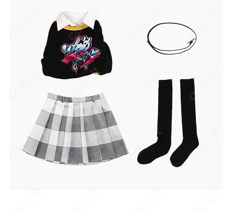 新井素羽コスプレ衣装のセット内容。トップス・スカート・ベルト・靴下の4点を並べた写真