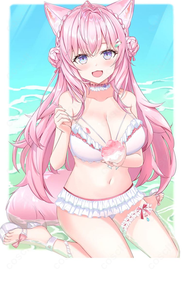 博衣こよりの水着コスプレ衣装一式。水着上下・太もも飾り・チョーカーが揃い、キャラらしい配色と質感を高再現。