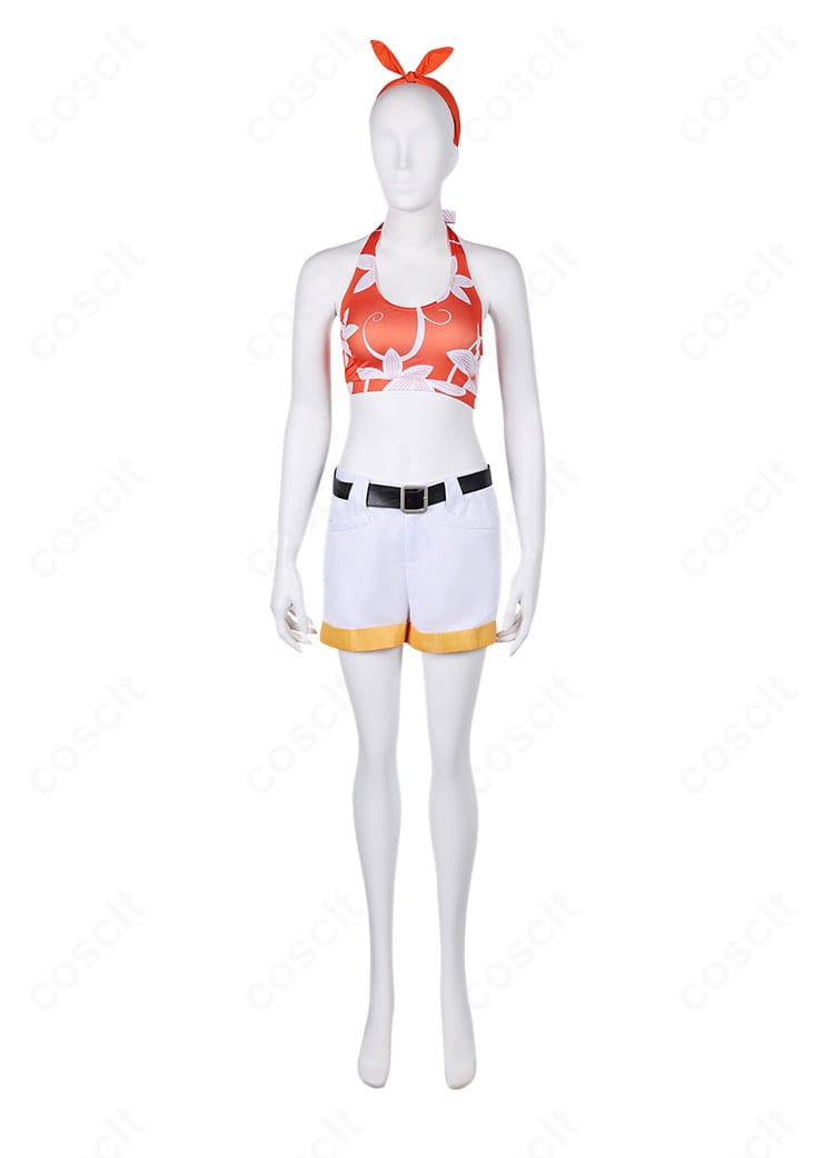 ファイナルファンタジーVII リバース版ユフィ・キサラギの水着コスプレ衣装 正面全身。トップスとショートパンツの配色やシルエットを正確に再現