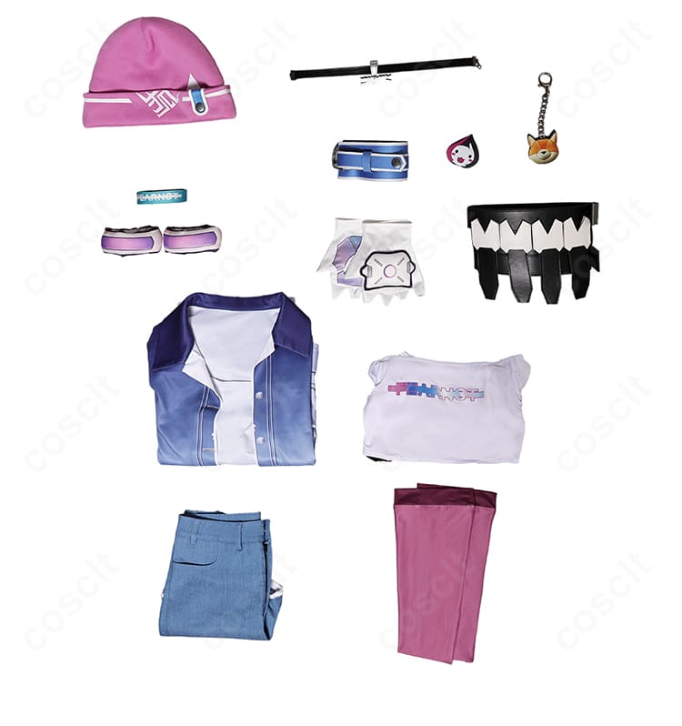 オーバーウォッチ2 LE SSERAFIMコラボ キリコ衣装のセット内容一覧画像（帽子、トップス、ショートパンツ、手袋、靴下、シャツ）