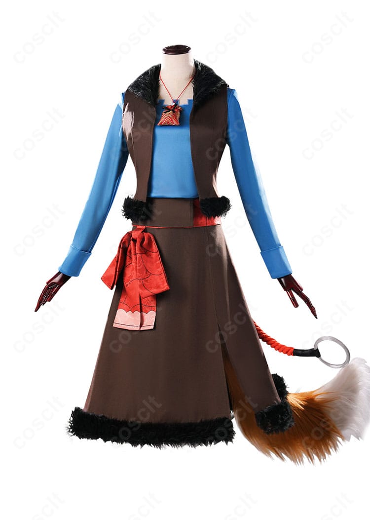 狼と香辛料 ホロ コスプレ衣装の正面全身。ベストとスカート、耳・尻尾付きのスタイリング