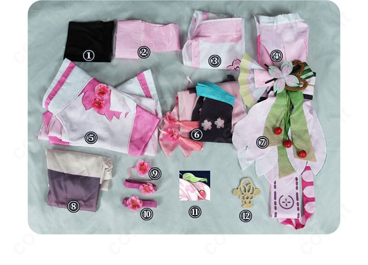 桜ミクコスプレ衣装セットの全体レイアウト。主要パーツと装飾が一目で分かる構成写真。