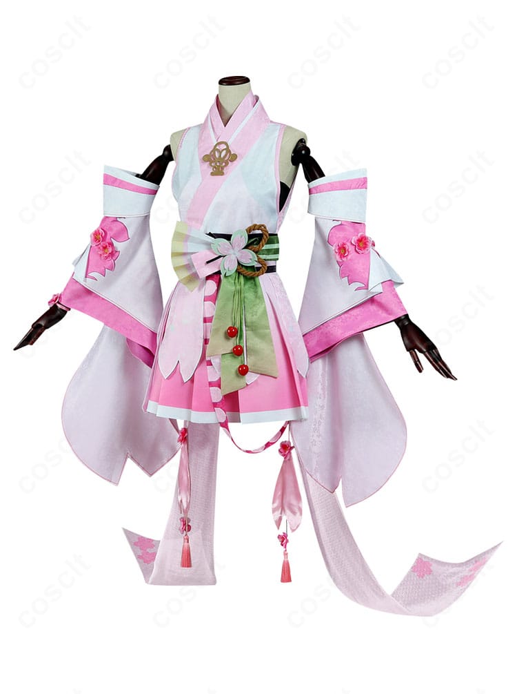 桜ミクコスプレ衣装の側面。ウエストラインから袖にかけてのシルエットと装飾の配置が確認できる画像。