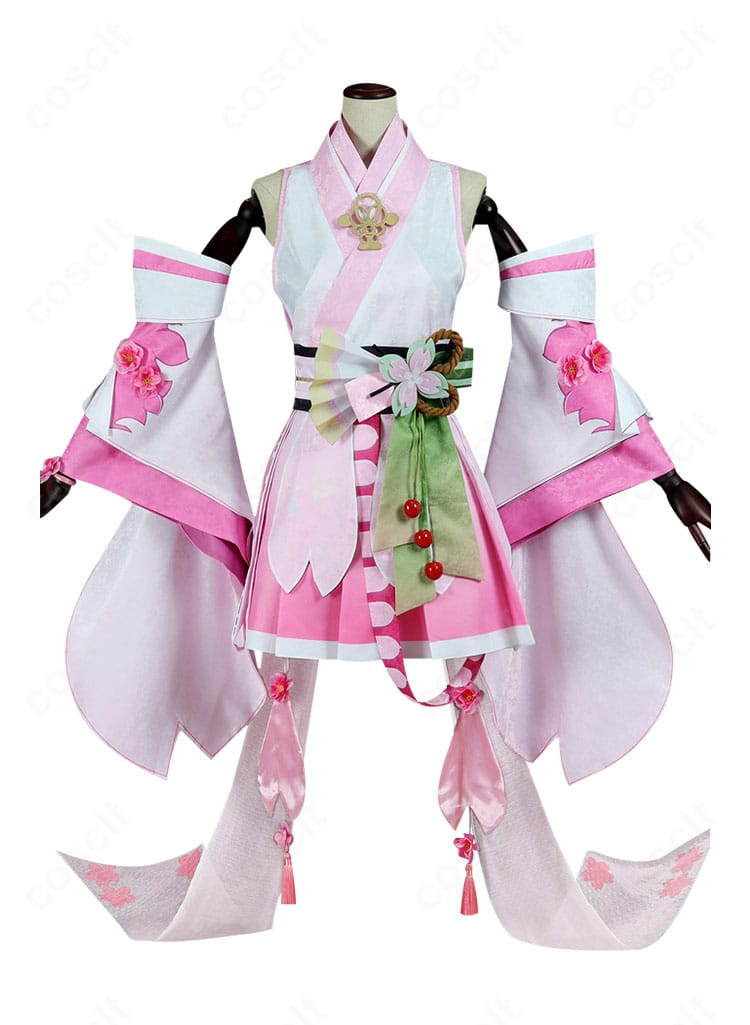 桜ミクコスプレ衣装の正面全体。襟元の刺繍とリボン、前身頃の装飾まで忠実に再現したディテール。