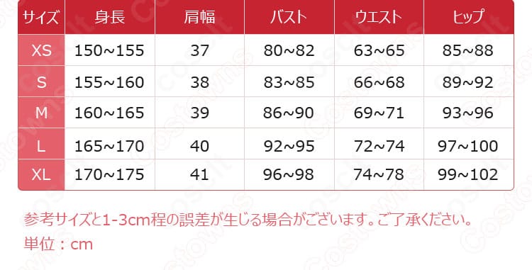 無期迷途 エンジェル コスプレ衣装のサイズ表。S・M・L・XLの各対応寸法を一覧化し、選び方の目安を示す図版。