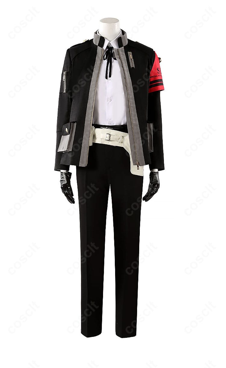 結城理 戦闘服コスプレの正面全身。黒コートの直線的シルエットと細幅リボン、胸元のディテールが分かる構図。