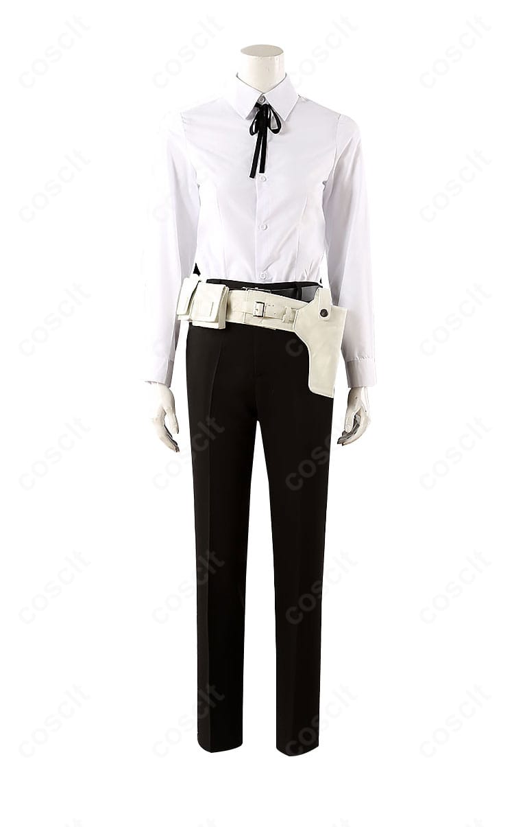 戦闘服インナーの白シャツ詳細。襟の角度、前立ての縫製、袖口のカフス形状と生地感をクローズアップ。