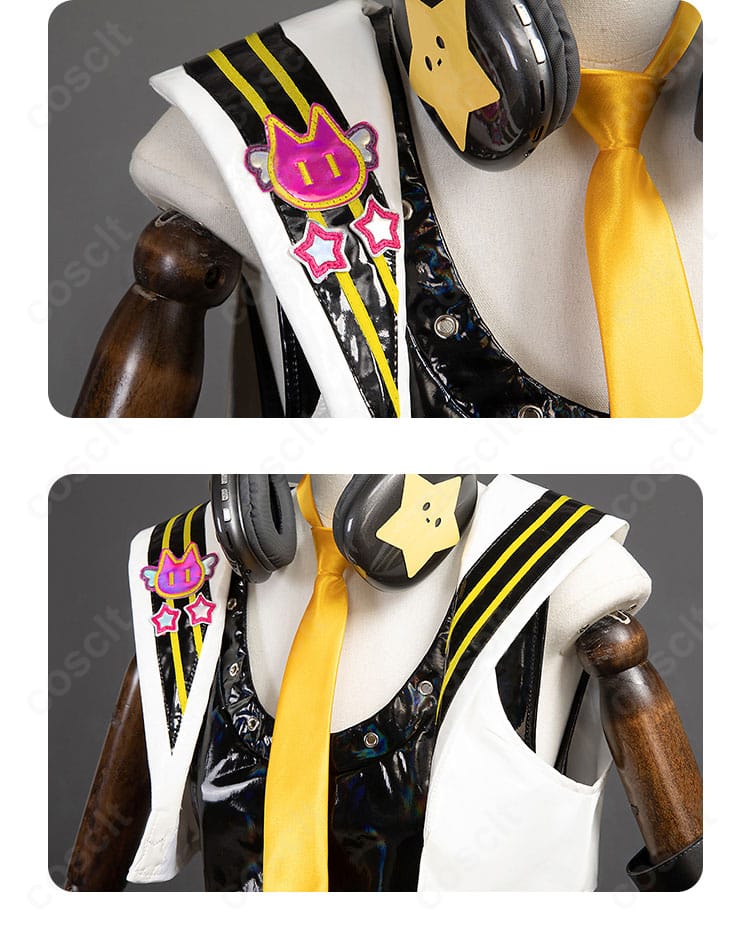 上着の装飾ディテール。襟元と前立ての縫製、配色ライン、ボタン周りの仕上げを拡大