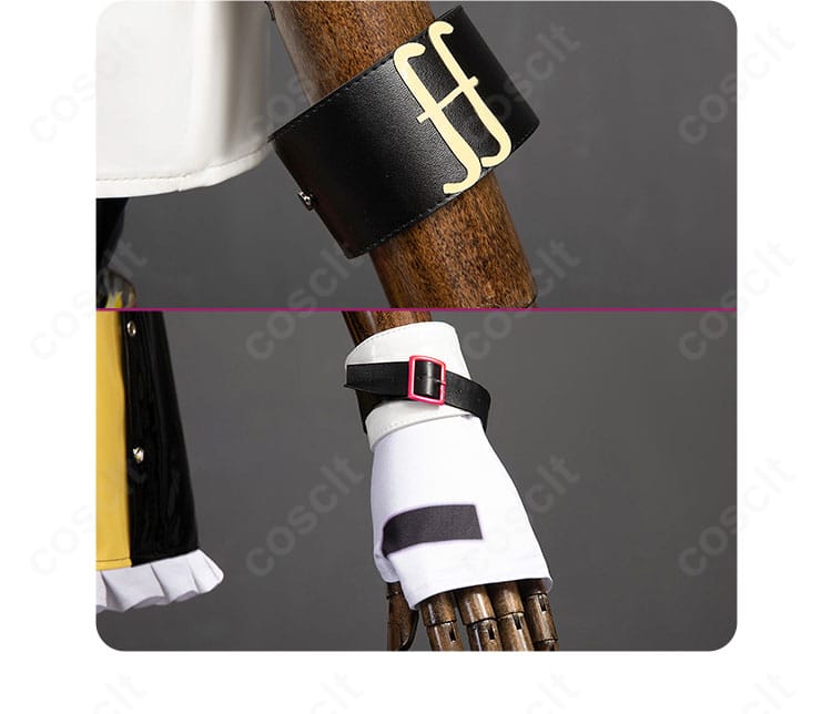 手袋と腕飾りのディテール。素材感、留め具、エッジのパイピングをクローズアップ