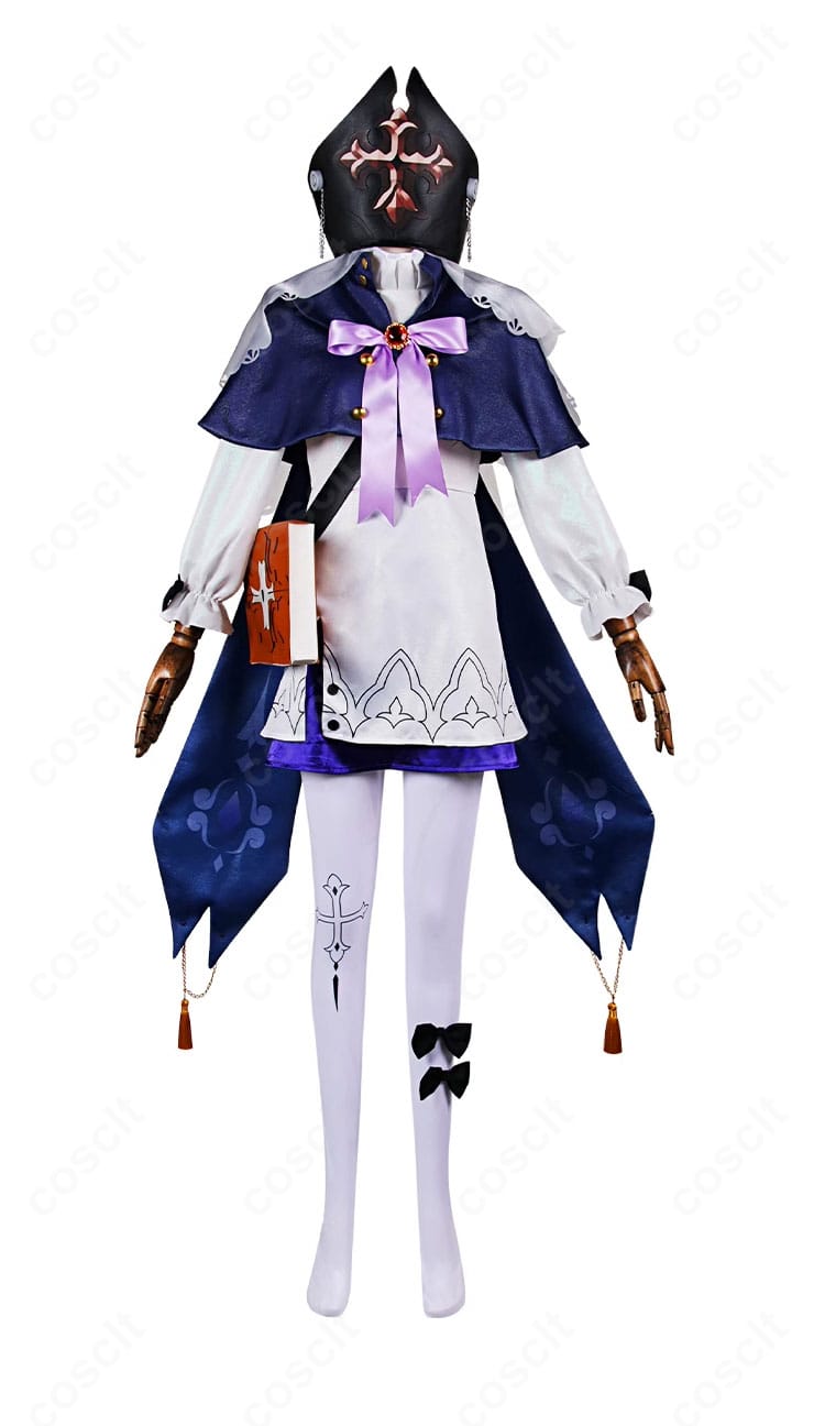 スクライブ・デブラのコスプレ衣装一式の正面全体図（ロングコート・頭巾・胸飾り）