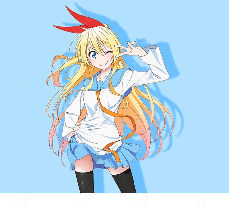 『ニセコイ』桐崎千棘の学園制服コスプレ一式。大きなリボン髪飾りを含むセットでキャラクターの魅力を再現した全身イメージ。