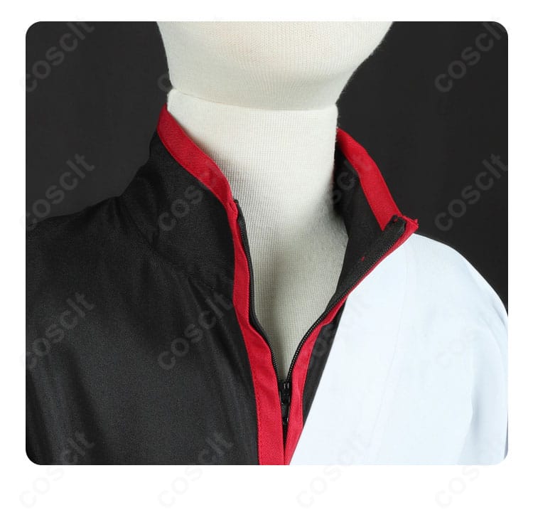 襟元装飾ディテール。ネックラインのパイピングと配色の精度、縫い目の仕上げを強調。