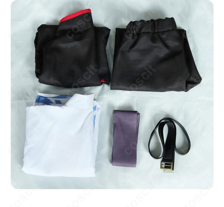 セット内容一式。黒い上着、白い着物、ズボン、コルセットベルト、ベルトの5点を平置きで表示。