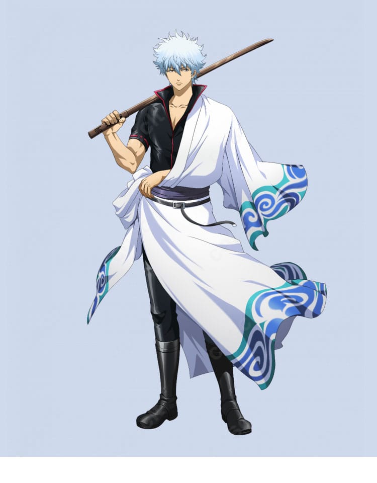 坂田銀時のコラボ衣装イメージ。銀魂×ラングリッサー モバイルのビジュアル再現を示す参考画像。