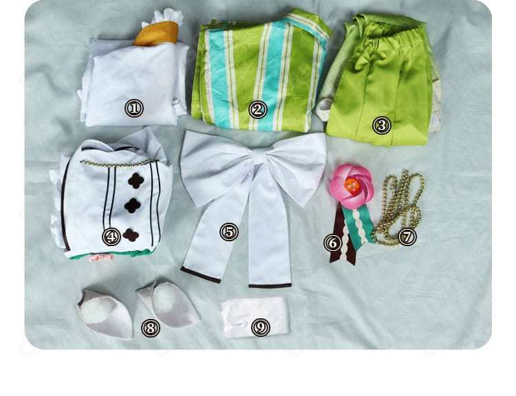 天祥院英智 慕情喫茶コスプレのセット内容一覧。上着・インナー・ズボン・エプロン・耳・装飾類を一目で確認。