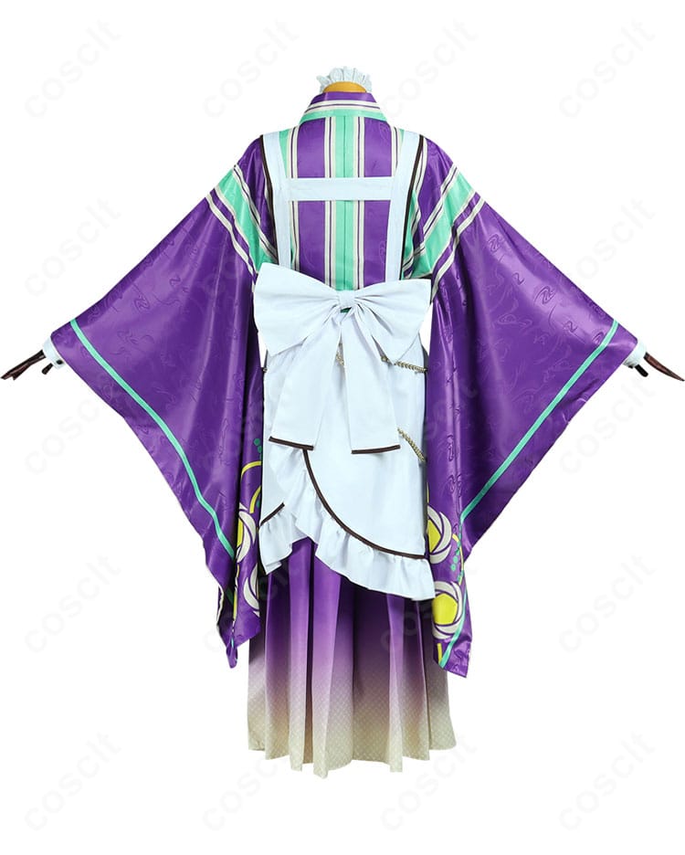 椎名ニキ 微熱喫茶コスの背面。背部の大きな蝶結びリボンとエプロンの落ち感が分かる。