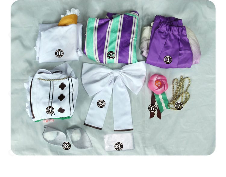 セット内容一式のレイアウト。上着、インナー、ズボン、エプロン、蝶結び、胸飾り、チェーン、耳、靴下が揃う。