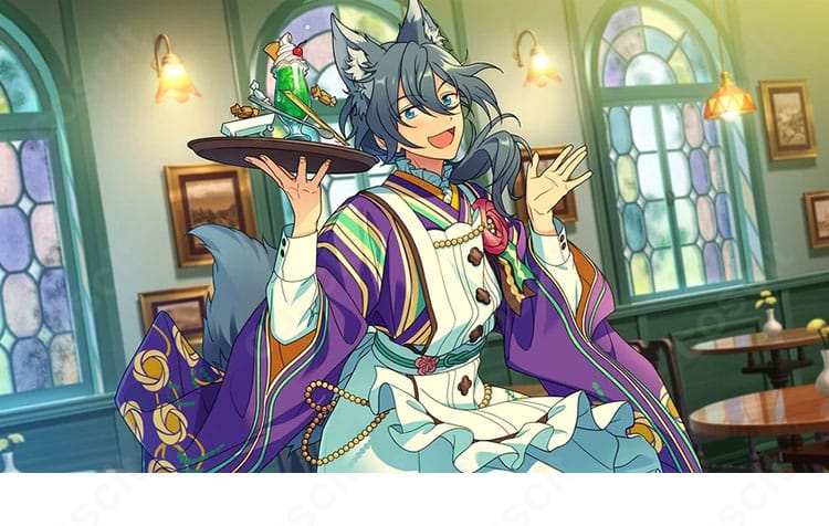 椎名ニキの微熱喫茶衣装コスを着用した全身イメージ。カフェ制服の雰囲気と配色がわかる構図。