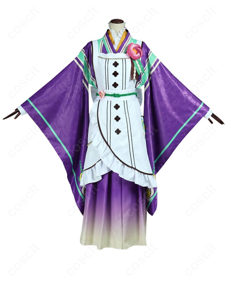 椎名ニキ 微熱喫茶コスの正面全体。ジャケット、エプロン、胸飾りまでの再現度を確認できる画像。