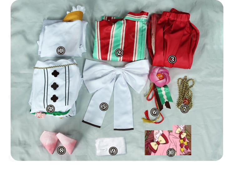 セット内容一覧カット。上着・インナー・ズボン・エプロン・背面蝶結び・胸飾り・飾りチェーン・耳・靴下・髪飾りが並ぶ。