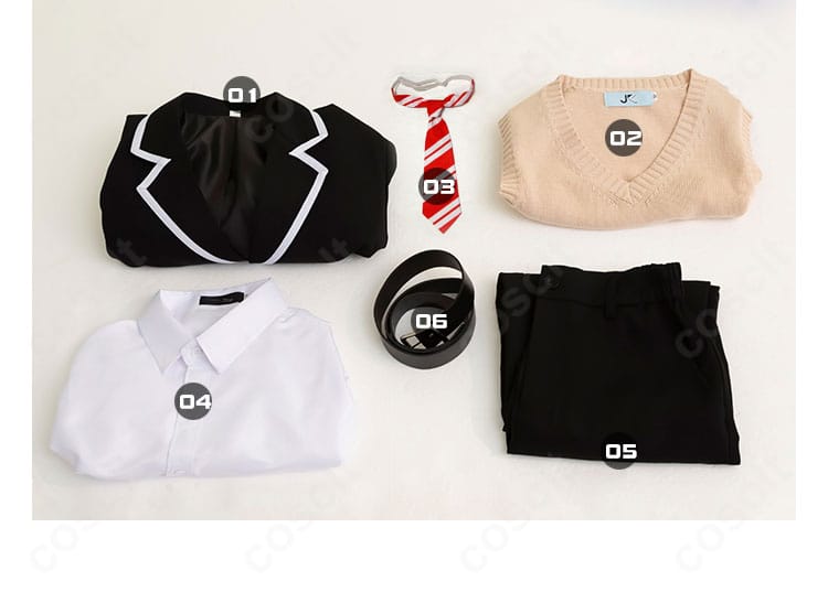 コート、ベスト、ネクタイ、シャツ、ズボン、ベルトのセット内容を並べた確認用画像。