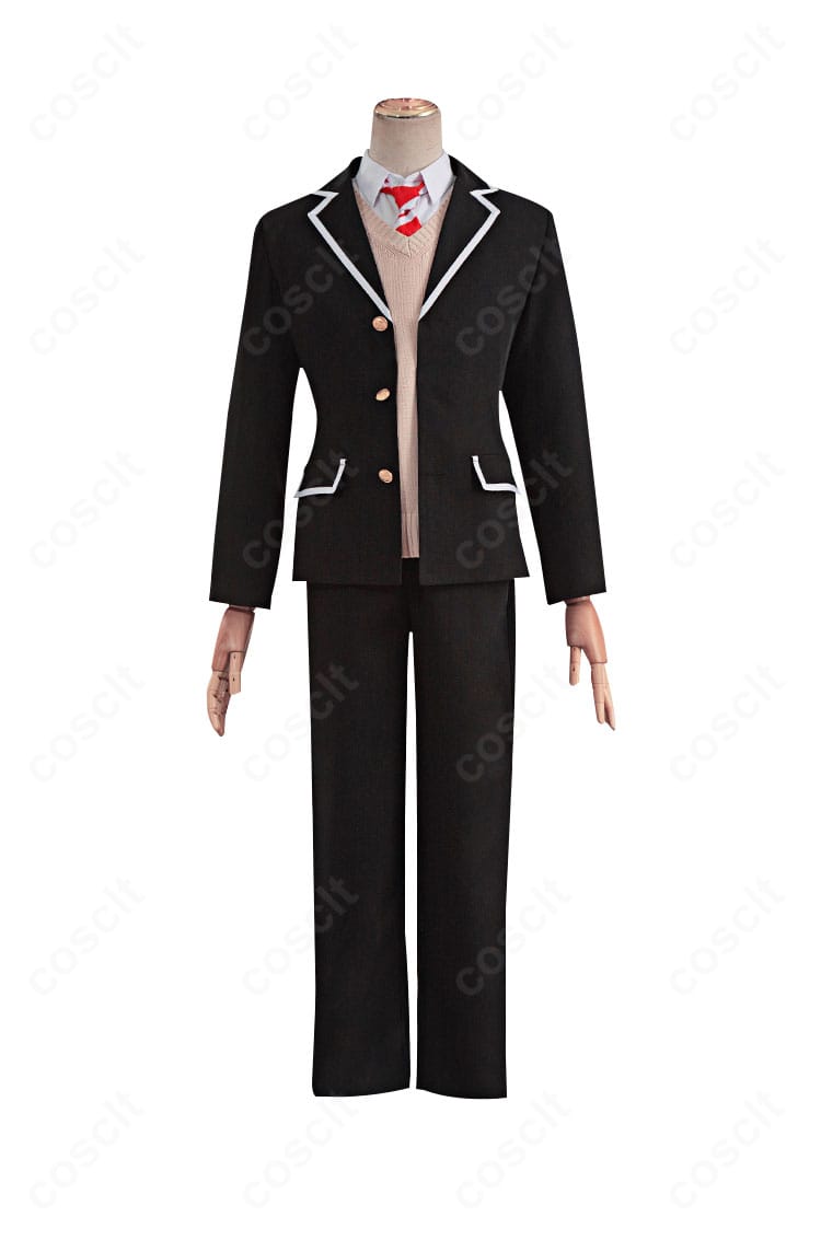 富樫勇太コスプレ衣装の正面全体。ブレザー、ベスト、ネクタイ、シャツ、パンツのスタイリッシュなバランス。