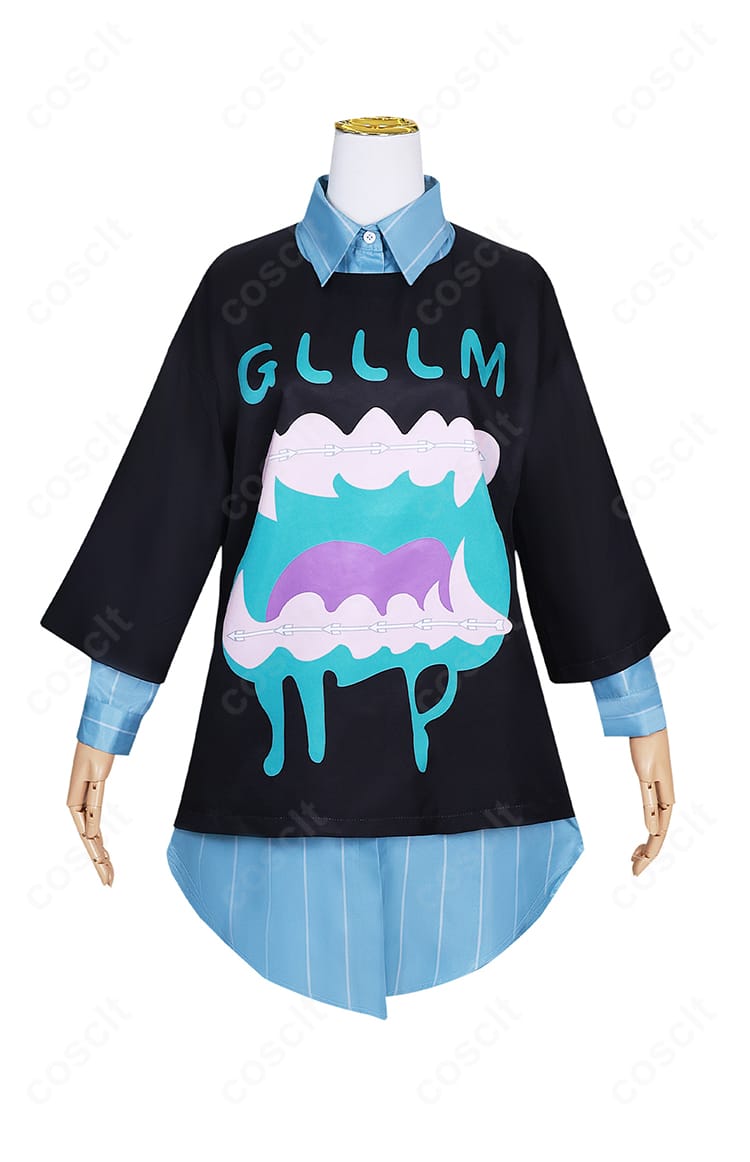 渡瀬キウイ コスプレ衣装の正面全身画像。トップスとインナーの重ね、髪飾りと太ももベルトのディテールが分かる高再現デザイン