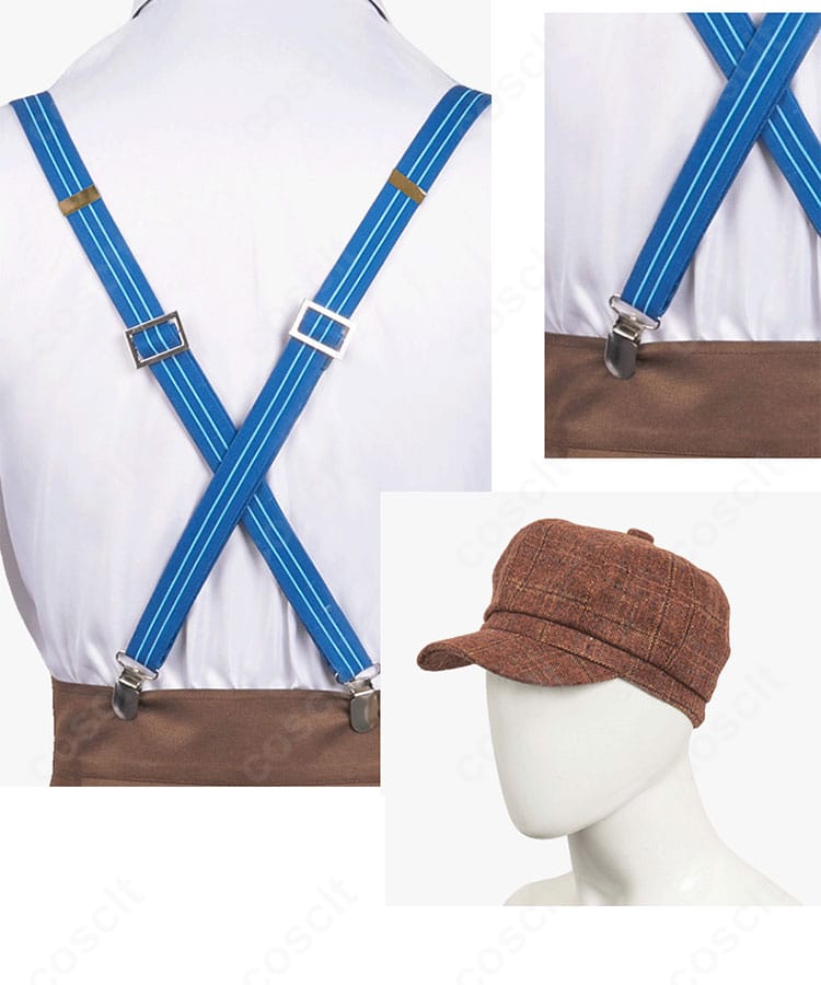 背帯と帽子アクセサリーの細部。帽子の形状と素材感、背面金具の仕上げを確認可能。