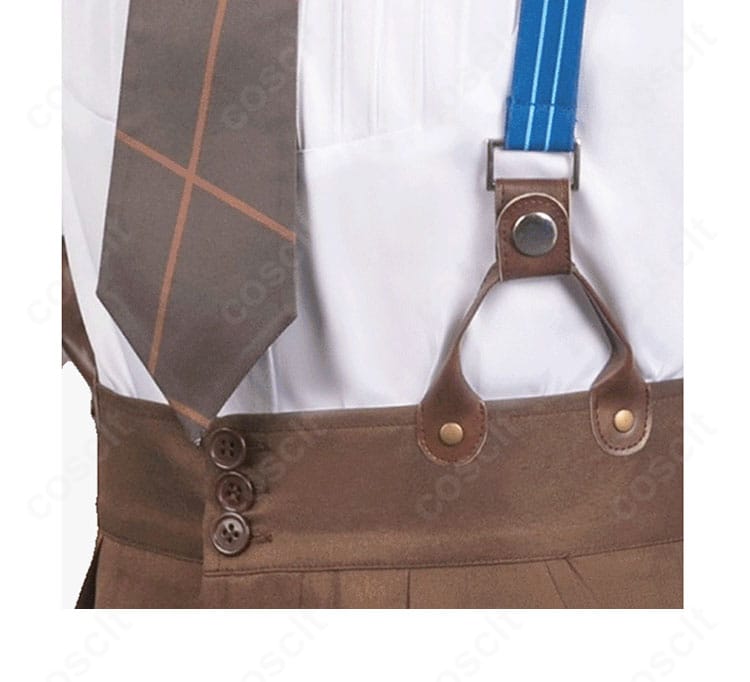 腰部背帯と装飾の近接画像。サスペンダーの背帯構造と金具の質感を丁寧に表現。