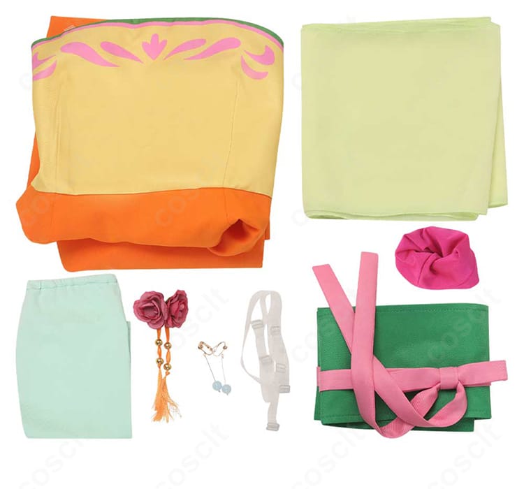 猫猫 宴会衣装コスプレのセット内容一覧。ワンピース、コルセットベルト、袖、披帛、髪飾り、耳飾り、透明ストラップを一望。