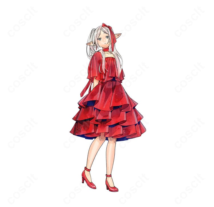 葬送のフリーレン フリーレン 赤いドレス衣装の詳細、装飾と質感が分かるアップ画像