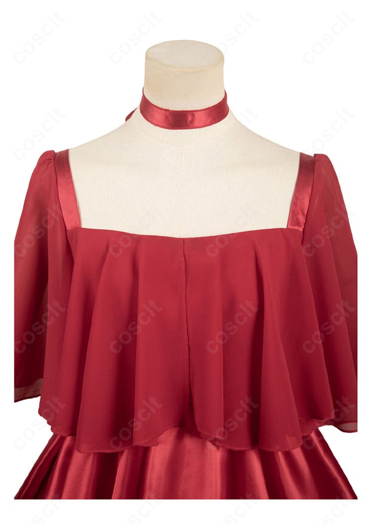 フリーレン 赤いドレス衣装 上衣部分の装飾ディテール。胸元の立体装飾と縫製仕上げ
