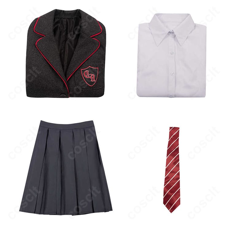 セット内容一覧画像。コート・シャツ・スカート・ネクタイの4点が並び、購入前に構成を一目で把握できる。