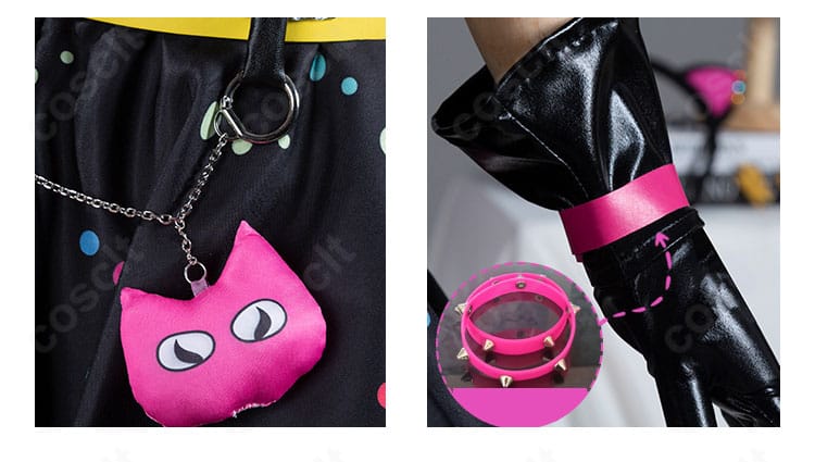 腕飾り・手袋・腰のアクセのクローズアップ。留め具の仕様と質感が分かる